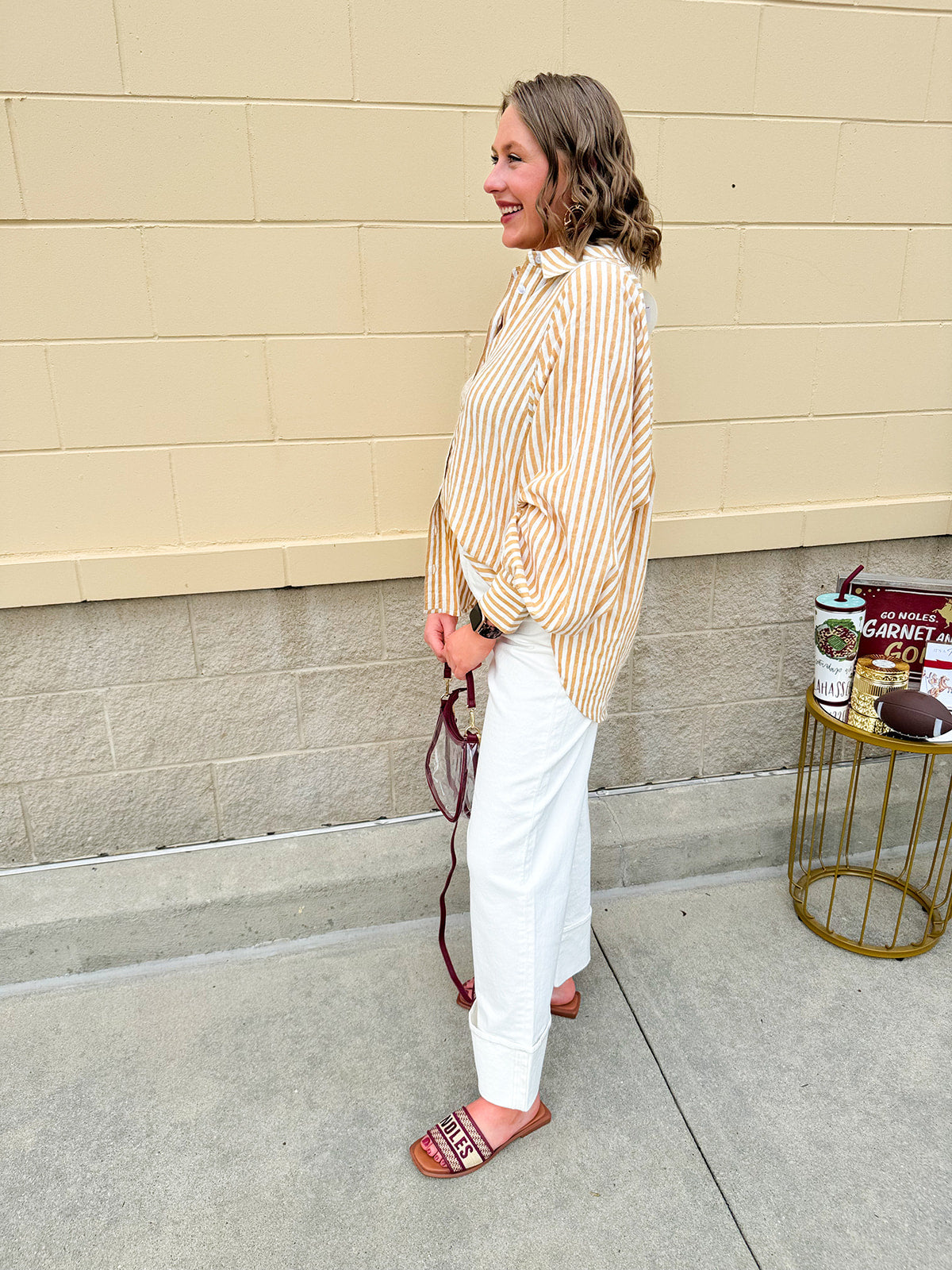 Tan and off-white striped long sleeve button-down shirt with collared neckline and cuffed sleeves—lightweight and perfect for layering