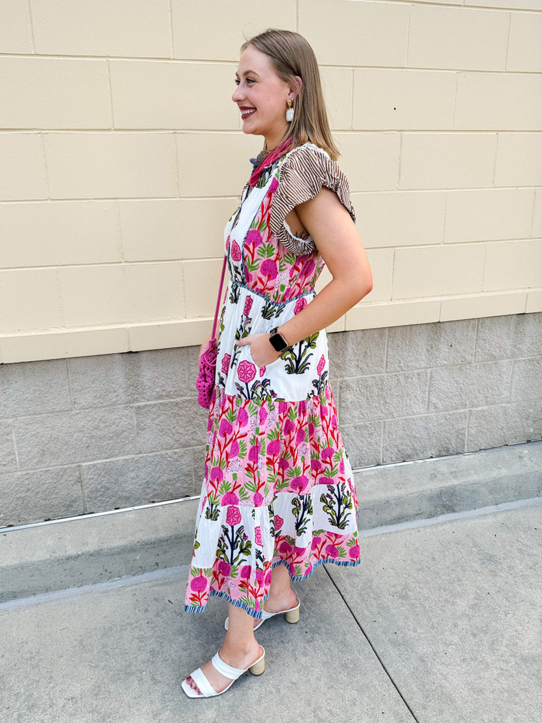 White cotton floral tiered maxi dress with flutter sleeves and ruffle collar