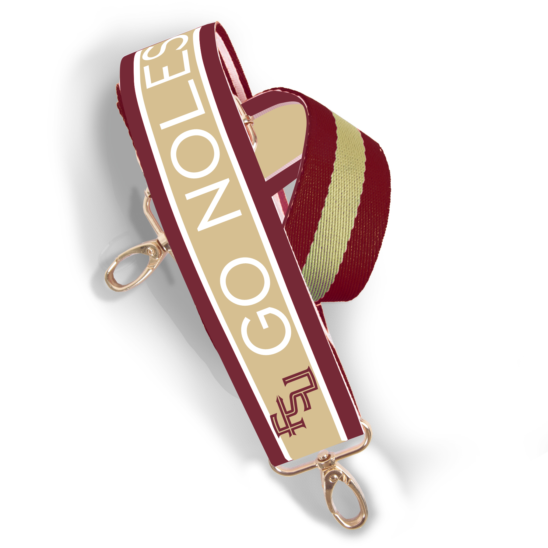 Garnet and gold printed purse strap with FSU and Go Noles lettering, reversible design with brass hardware.