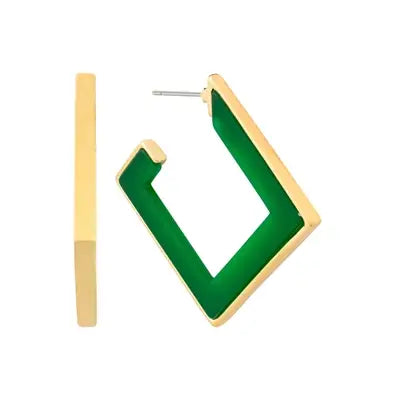 Green and gold squared wood hoop earrings with a modern, bold look—perfect for everyday or statement styling.