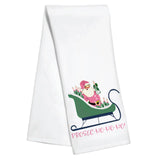 White kitchen towel with pink Santa in green sleigh filled with prosecco bottles and “Prosec-Ho-Ho-Ho” text.