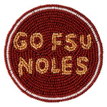 Garnet and gold beaded button pin with “Go Noles” and “FSU” text, styled for gameday outfits and accessories.
