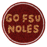 Garnet and gold beaded button pin with “Go Noles” and “FSU” text, styled for gameday outfits and accessories.