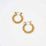 Gold double hoop earrings with twisted rope design and sterling silver posts—medium size, tarnish-resistant and hypoallergenic