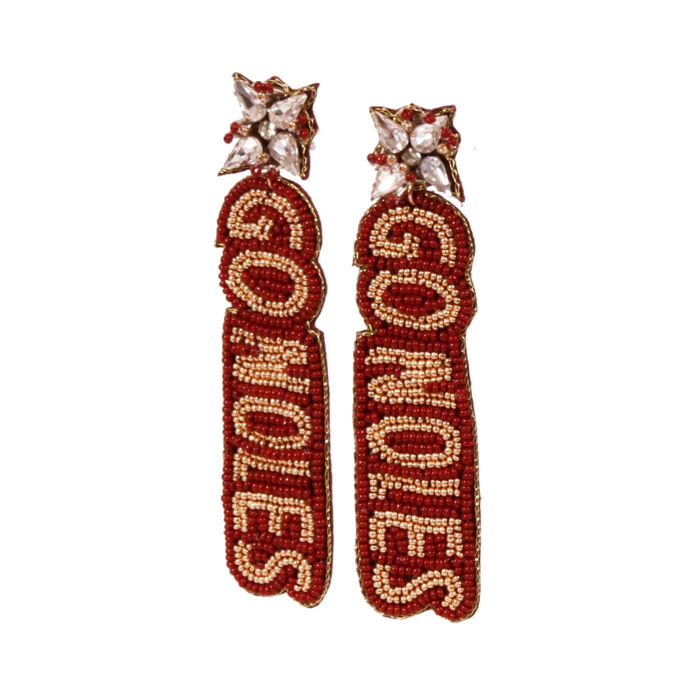 Garnet and gold hand beaded earrings with “Go Noles” lettering and crystal cluster studs, perfect for FSU fans.