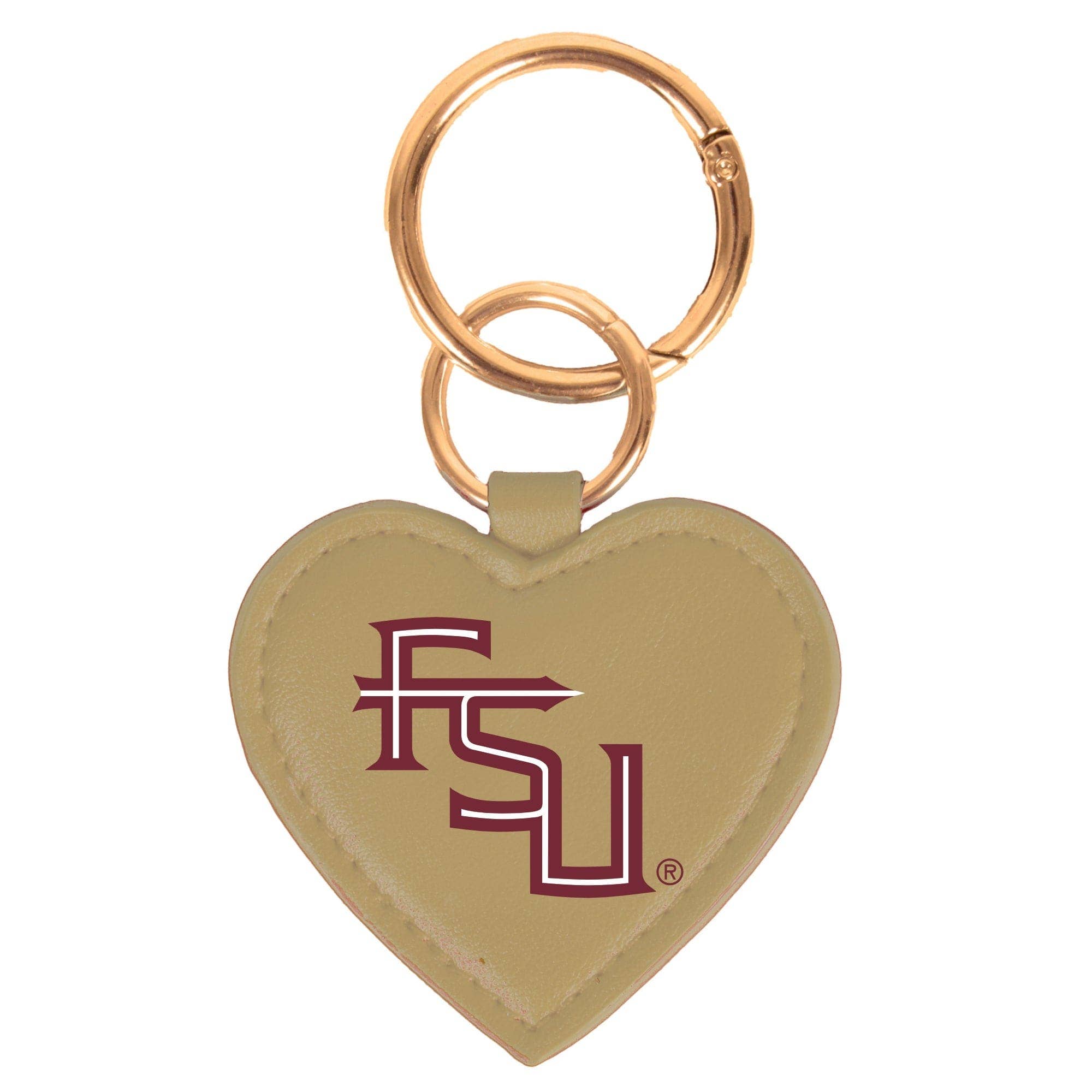 Gold heart-shaped purse charm with garnet FSU logo and gold-toned hardware, ideal for bags or keys.