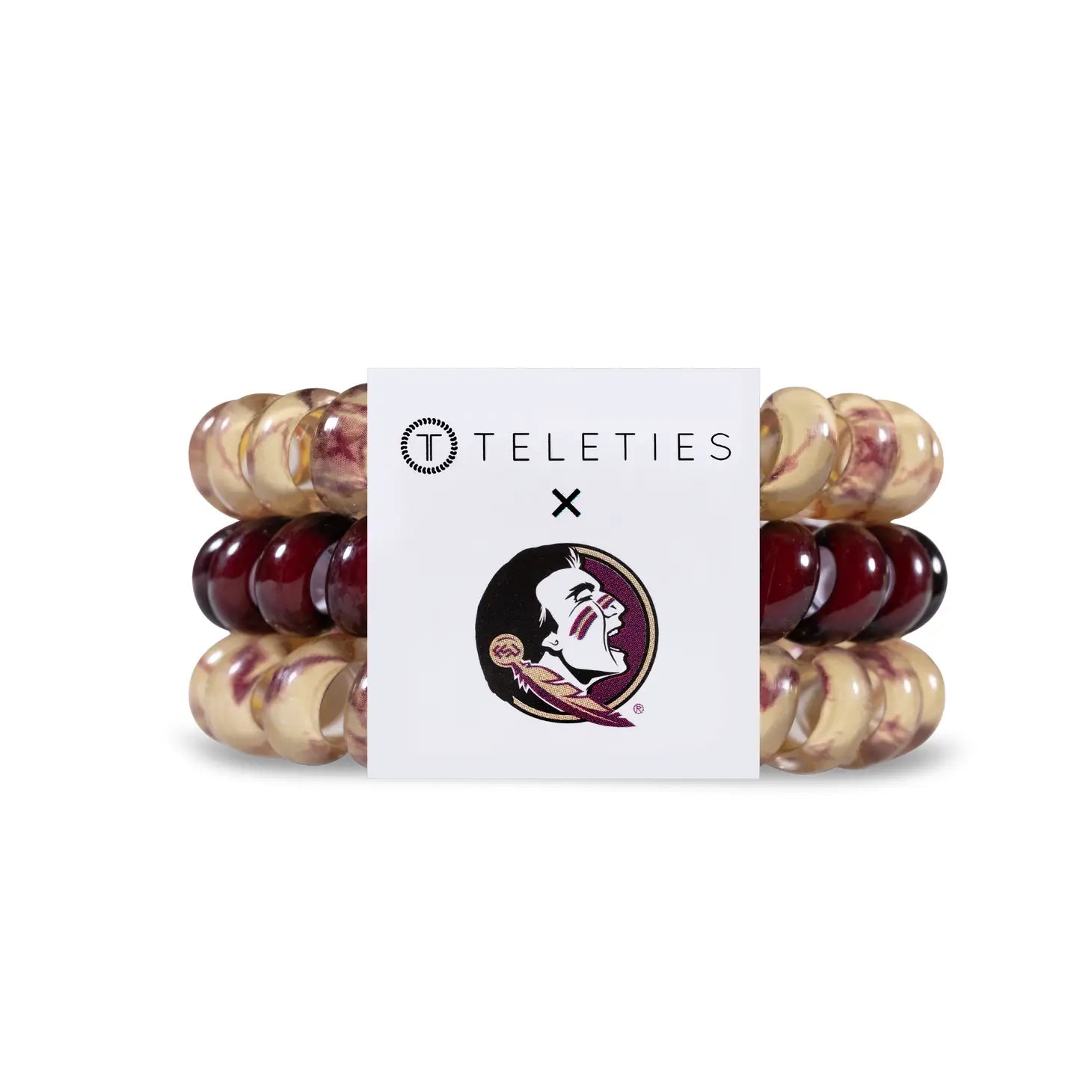 Set of three small garnet and gold Teleties spiral hair coils with FSU branding