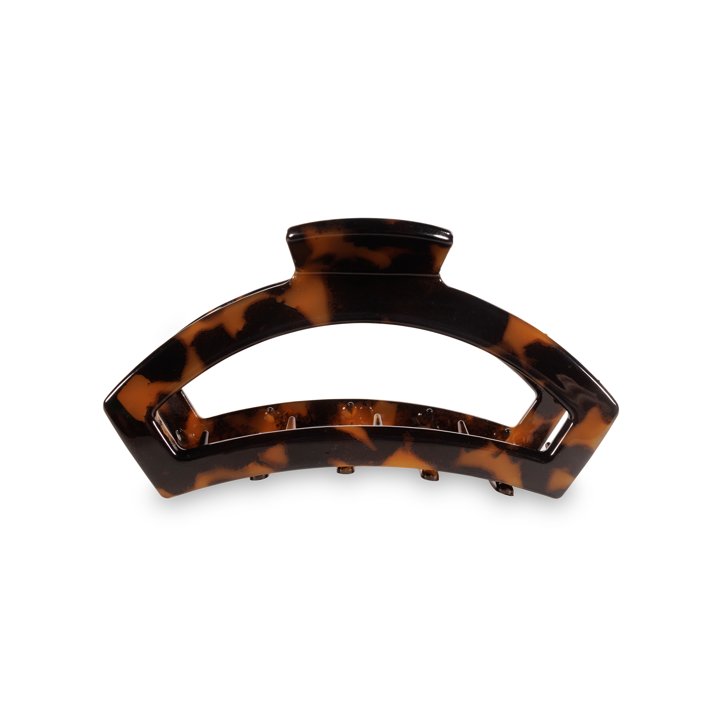 TELETIES medium open hair clip in tortoise black and brown finish.