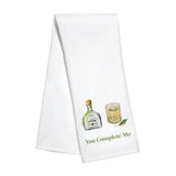 White kitchen towel with colorful tequila, margarita, and jalapeño design that reads “You Complete Me.”