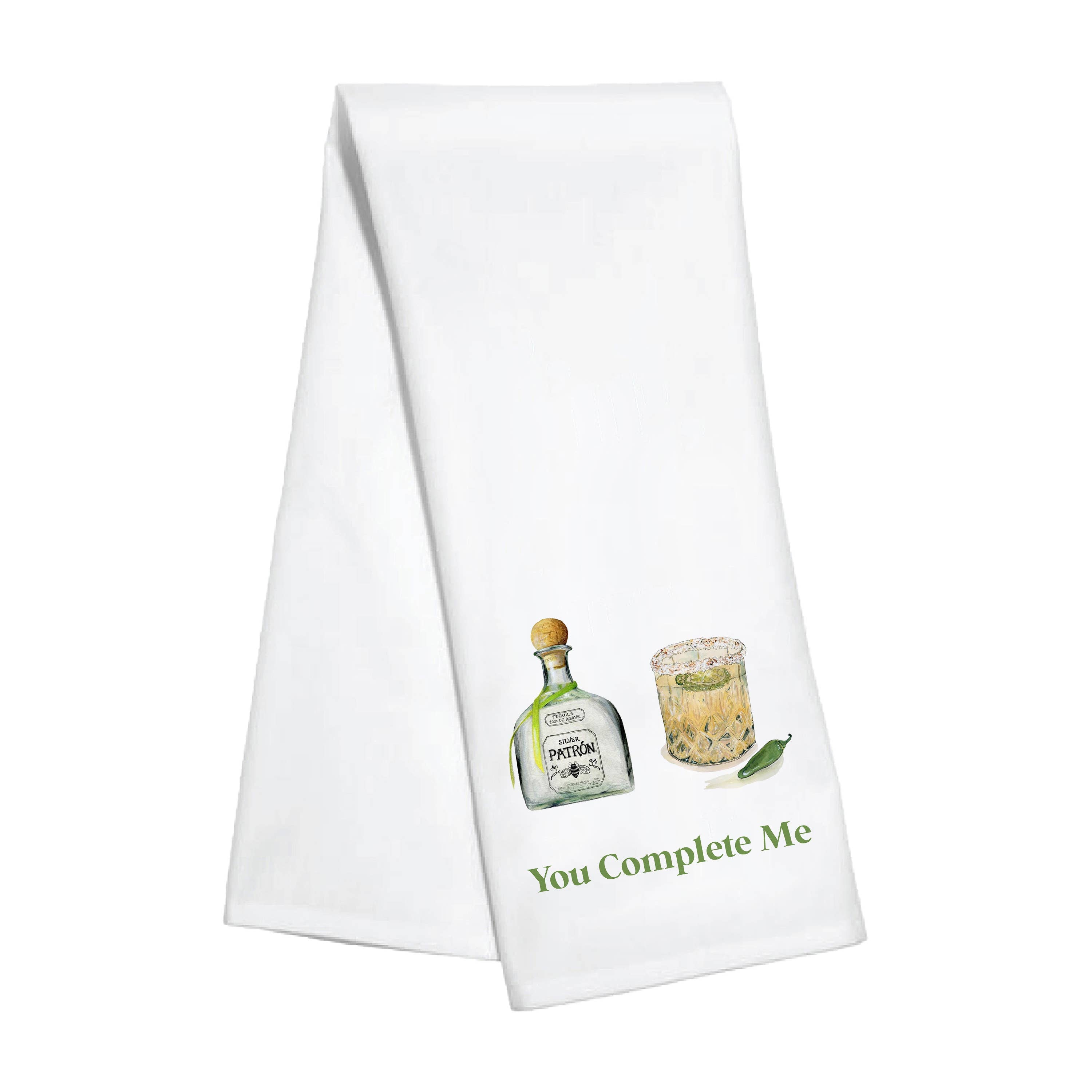 White kitchen towel with colorful tequila, margarita, and jalapeño design that reads “You Complete Me.”