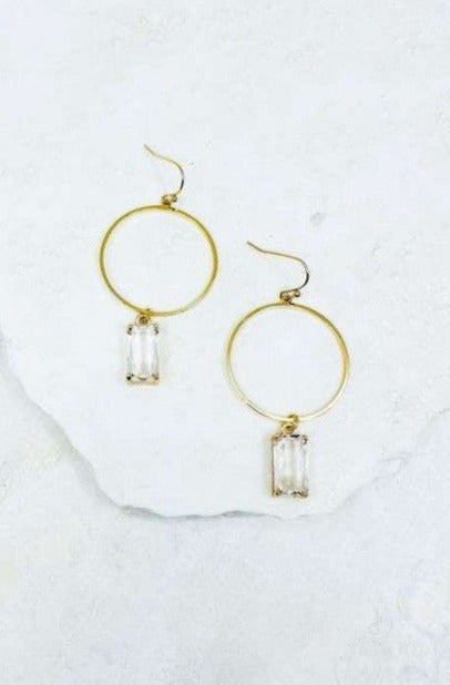 Hoop Drop Earrings With Rectangle Pronged Stone