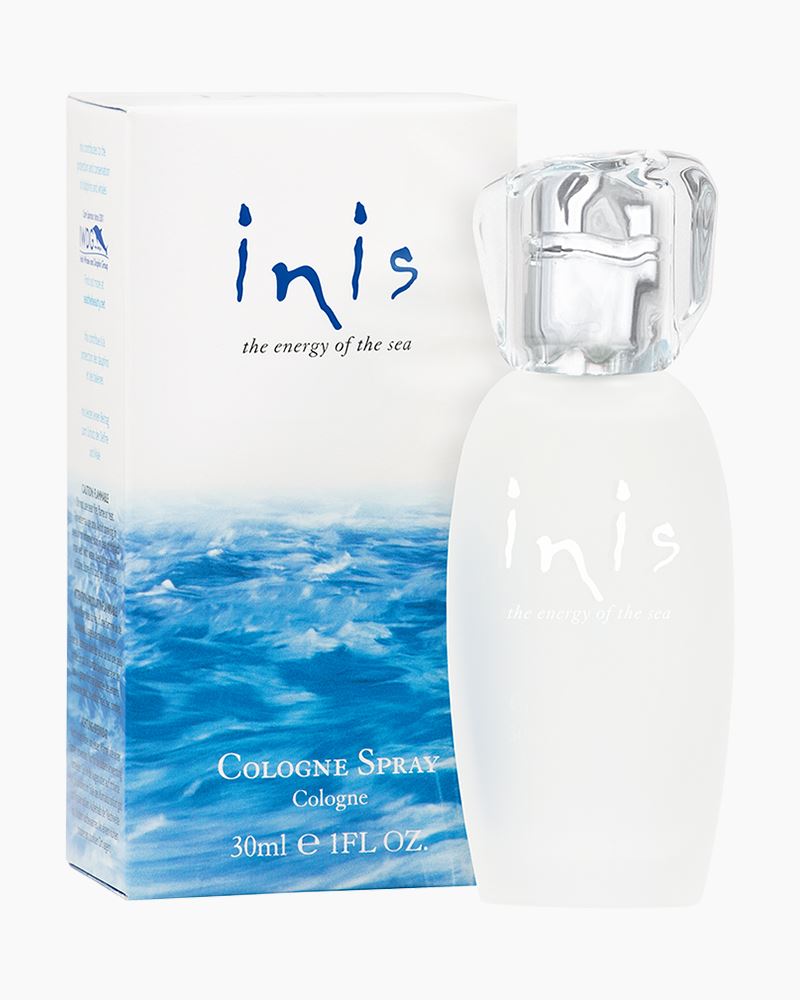 Inis Cologne Spray 1 fl oz bottle in frosted glass with ocean-inspired blue and white packaging.