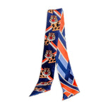 Scarf with tiger pattern and blue, orange, and white stripes on a white background