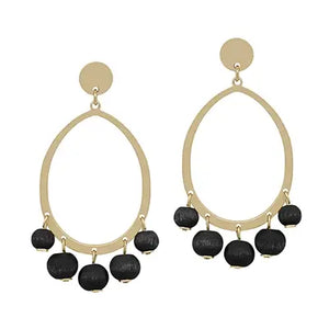 Open Gold Circle with Black Wood Beaded Accents 2" Earring