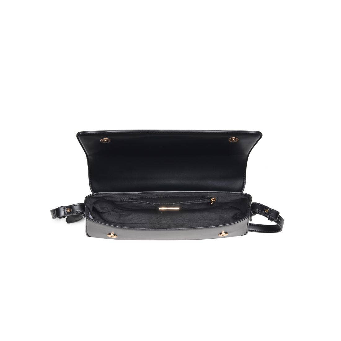 Matte black vegan leather shoulder bag with gold hardware and detachable strap.