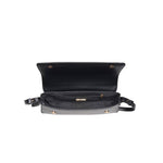 Matte black vegan leather shoulder bag with gold hardware and detachable strap.