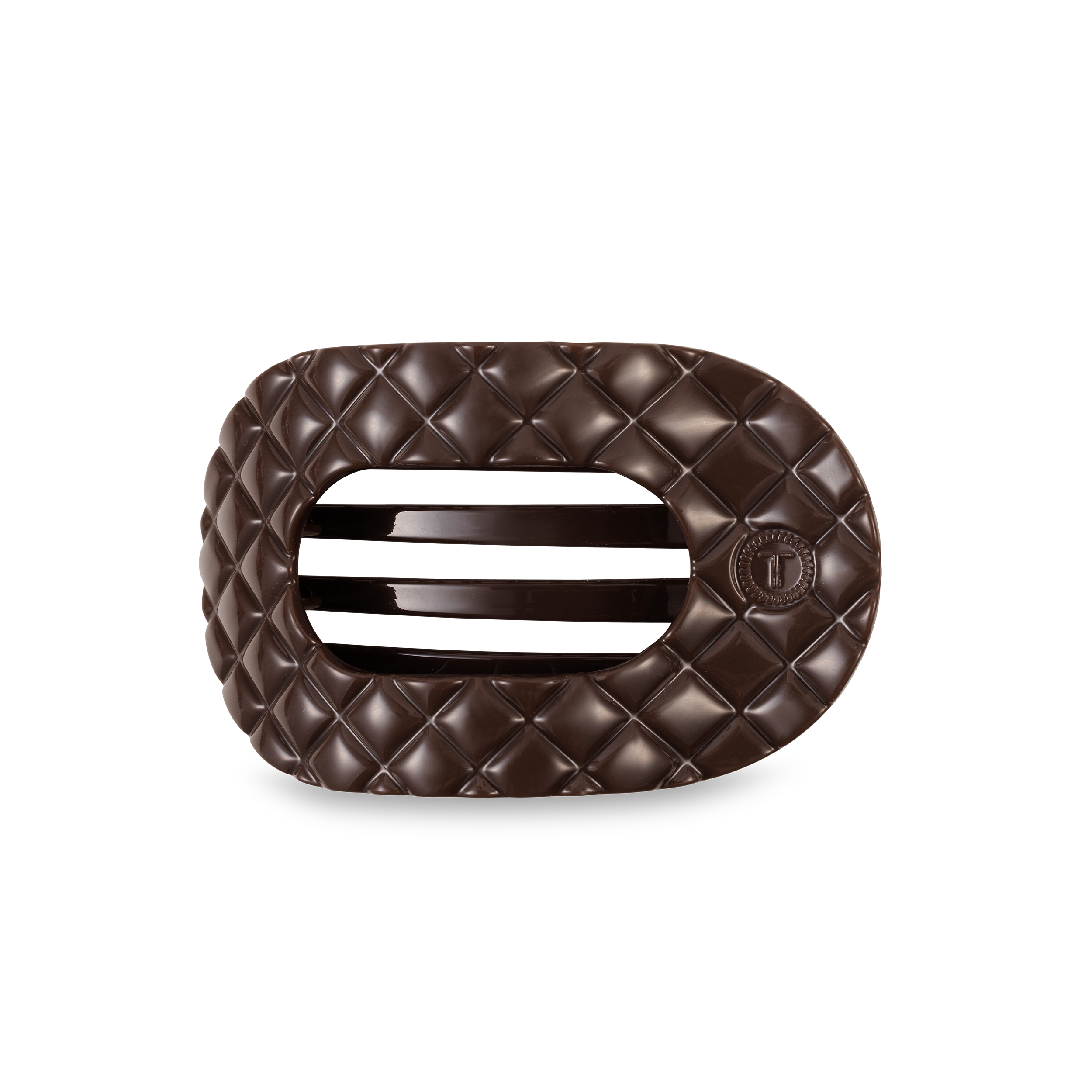 TELETIES medium flat round hair clip in taupe quilted design.
