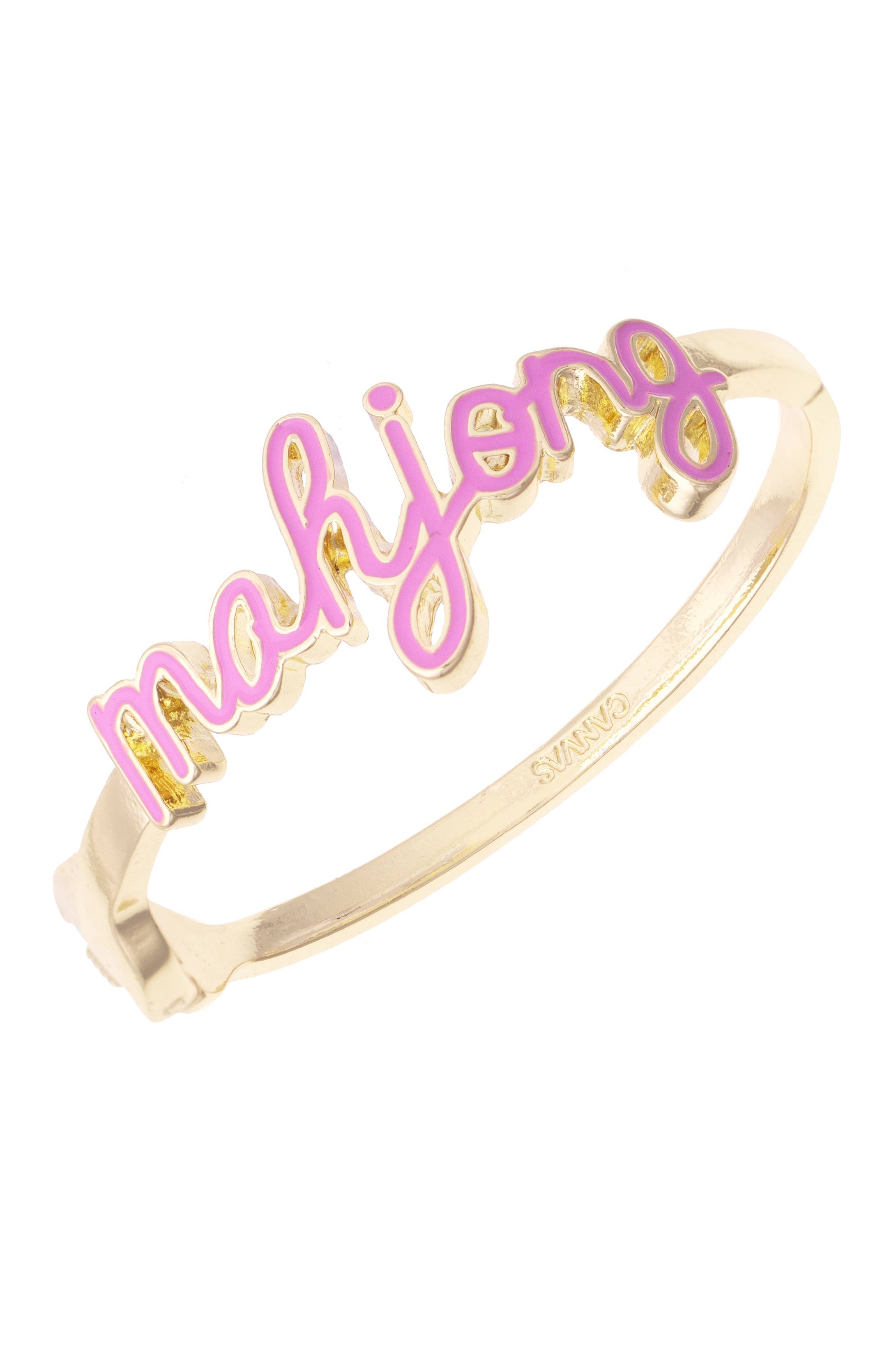 Mahjong cursive hinge bangle bracelet with light pink enamel detailing and a sleek statement design.