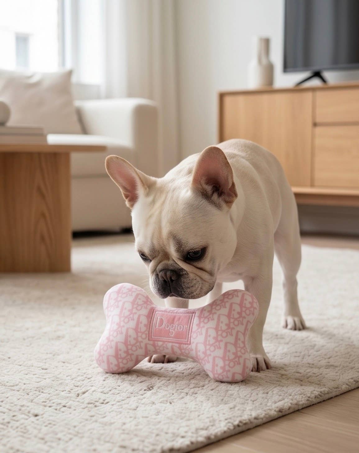 Pink plush designer-inspired bone dog toy with a squeaker and crackle sound.