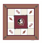Garnet and gold square scarf with Florida State Seminole–inspired pattern.