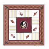 Garnet and gold square scarf with Florida State Seminole–inspired pattern.