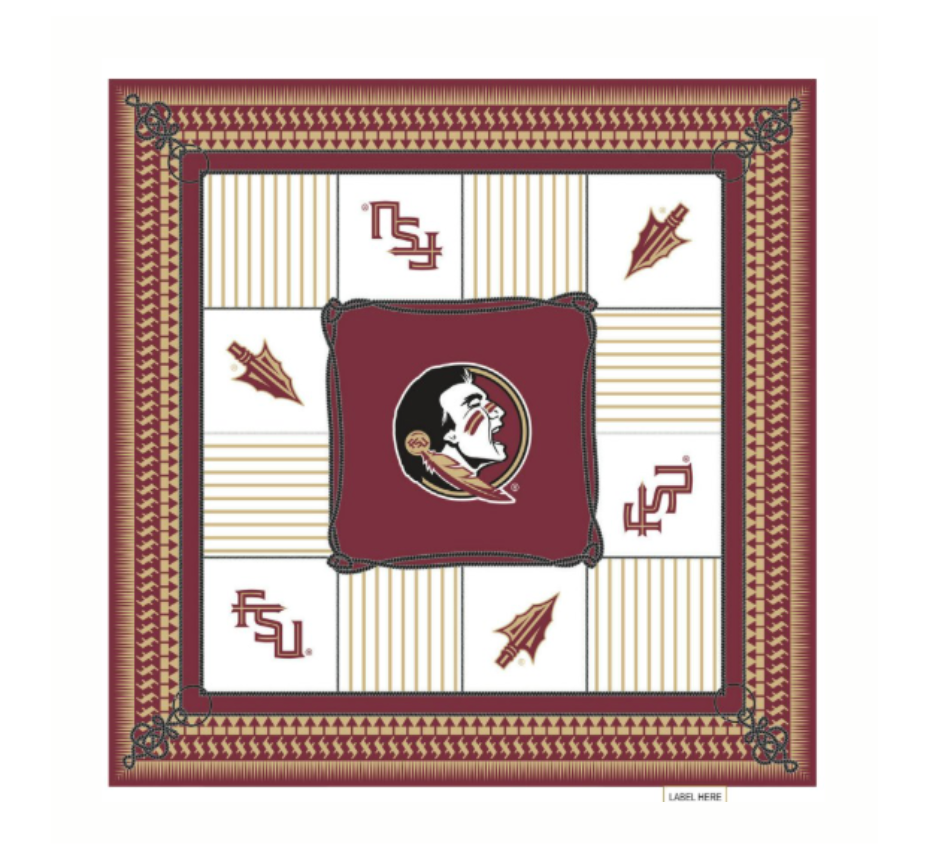 Garnet and gold square scarf with Florida State Seminole–inspired pattern.
