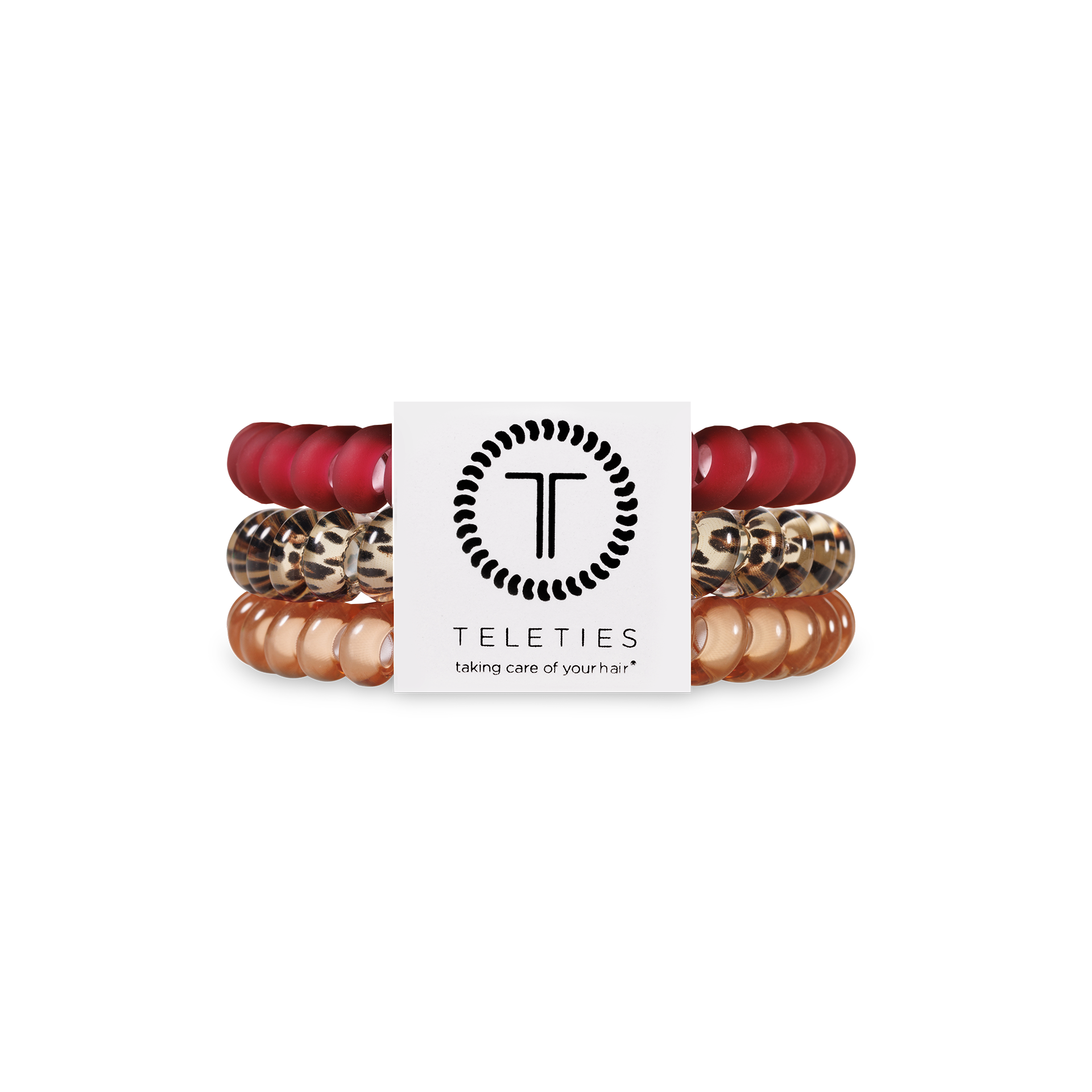 Set of three small spiral hair ties in burgundy and beige Wild Side design.