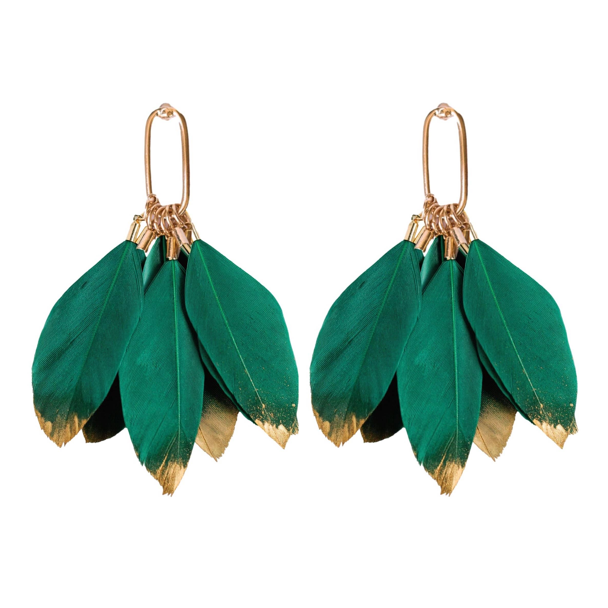Emerald green feather earrings with gold-dipped tips and gold hardware, approximately 2.5 inches long.