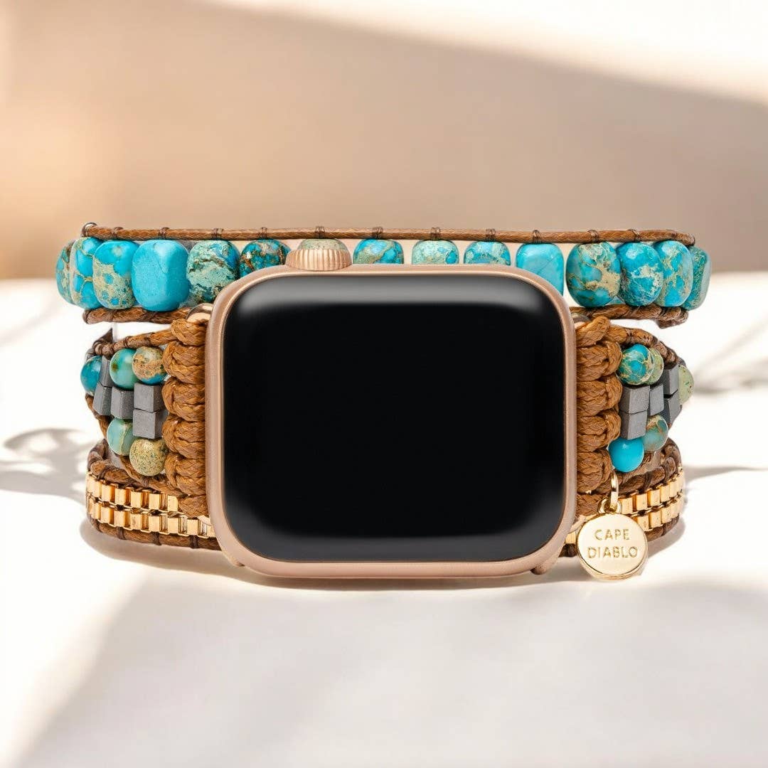 Apple Watch strap with turquoise stones, metal chain links, and zinc alloy accents.