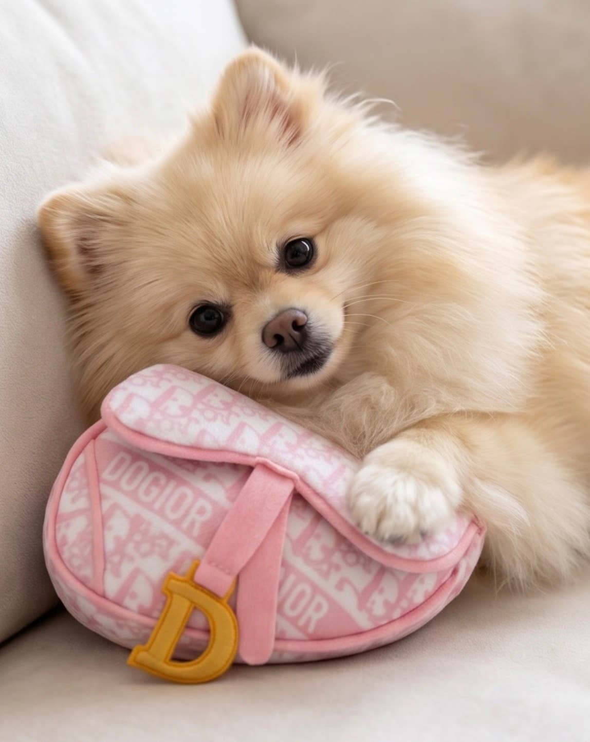 Pink plush saddle bag-shaped dog toy with a squeaker and crackle sound.