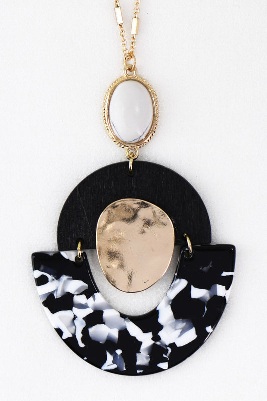 Black White Marbled Resin Acetate Pendant Necklace