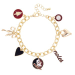 A shiny gold-plated charm bracelet with colorful enamel Florida State Seminoles icons on a 2.5" diameter band.