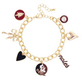 A shiny gold-plated charm bracelet with colorful enamel Florida State Seminoles icons on a 2.5" diameter band.