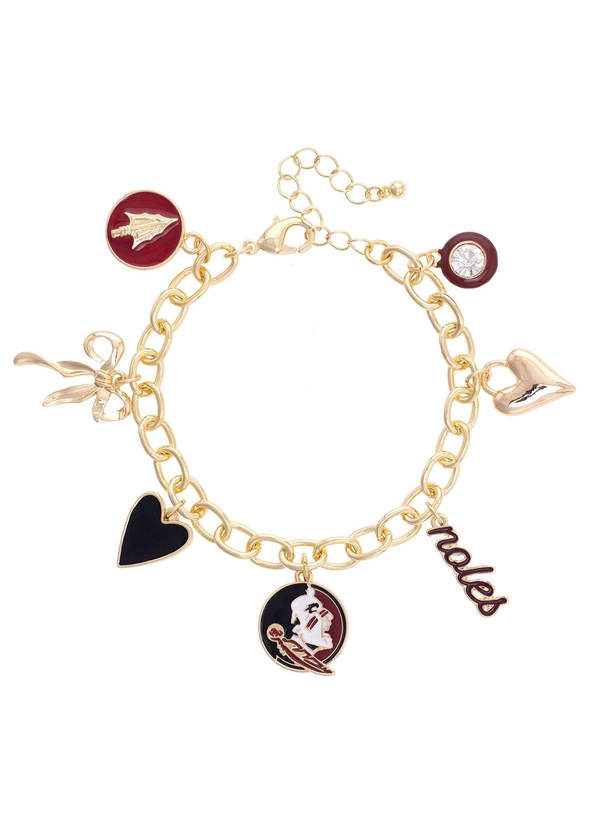 A shiny gold-plated charm bracelet with colorful enamel Florida State Seminoles icons on a 2.5" diameter band.
