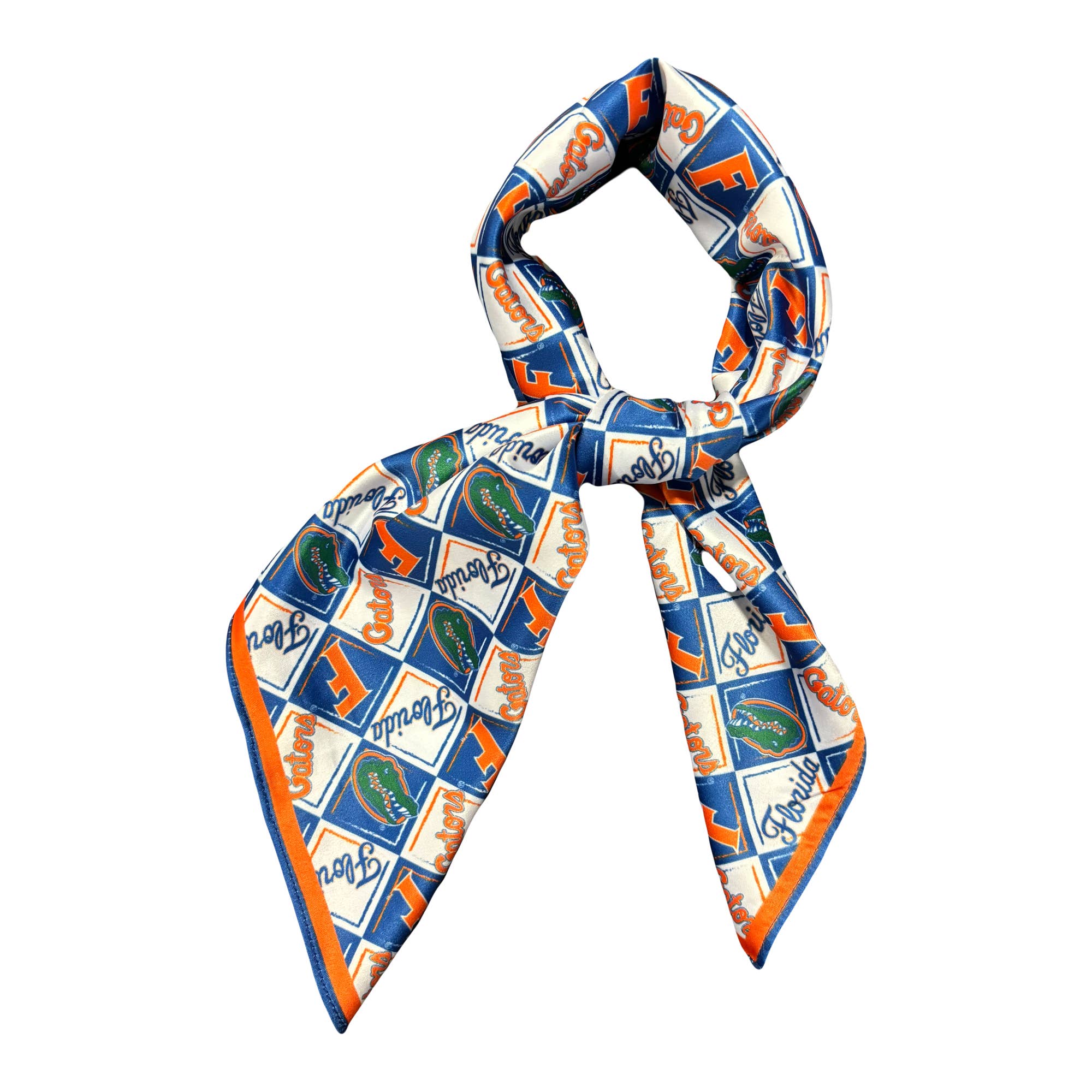 Orange and blue University of Florida scarf with gator head and school-inspired pattern