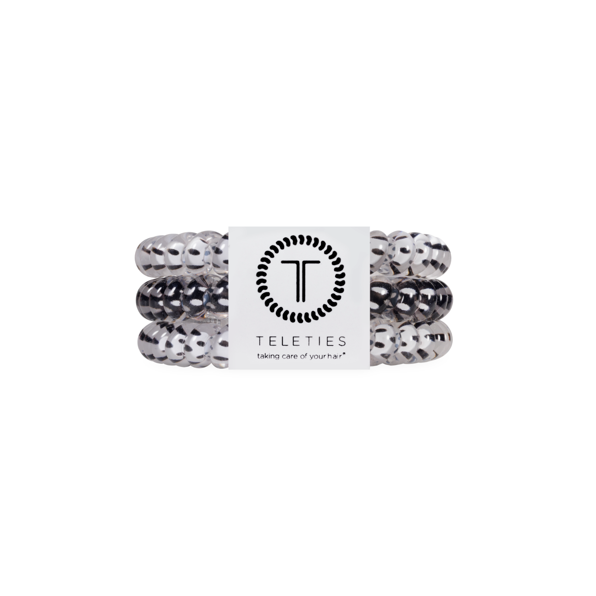 Black and white polka dot spiral hair ties in a small size.