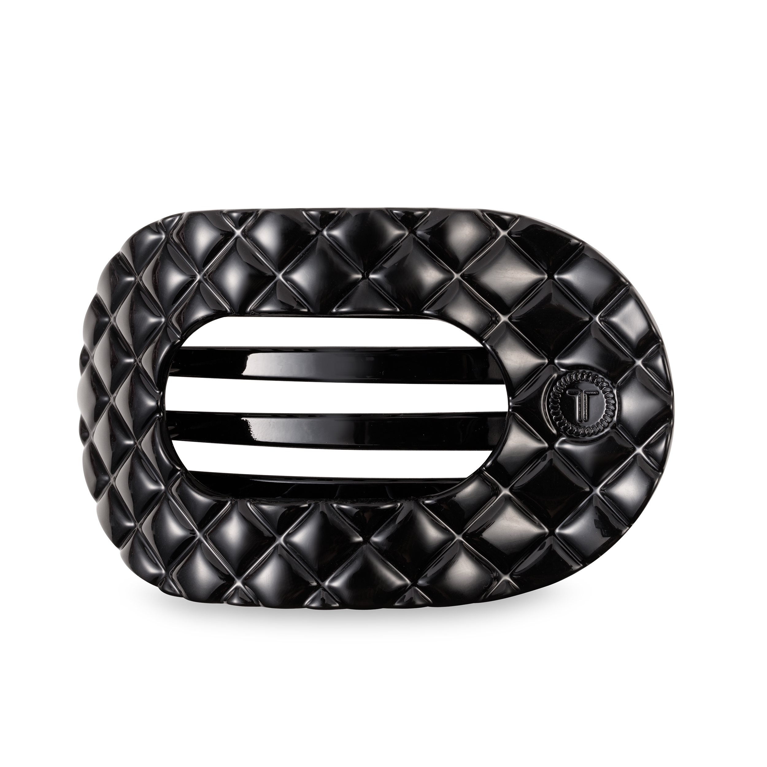 TELETIES large flat round hair clip in jet black quilted design.