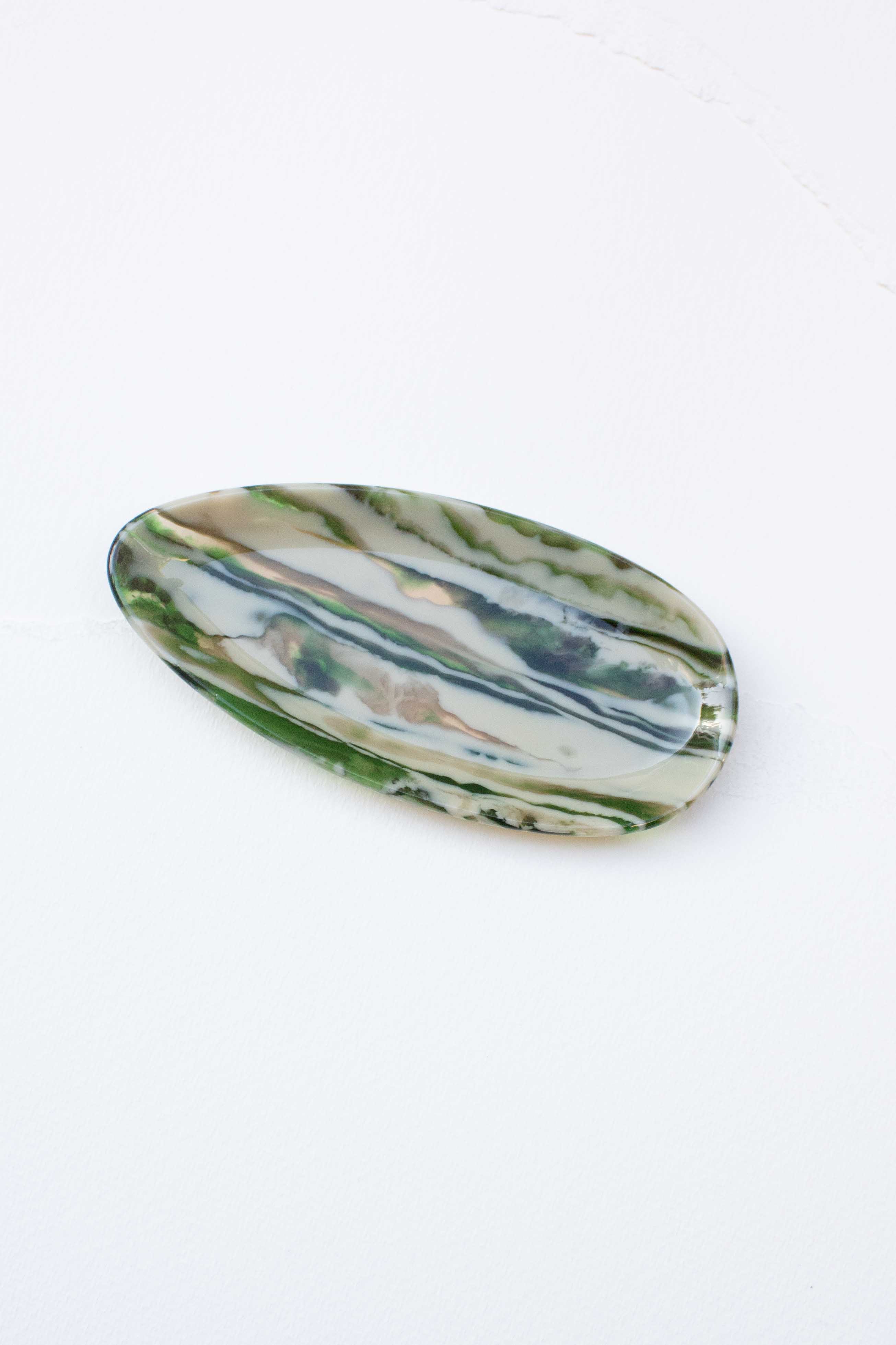 Glossy jade marble eco acetate oval catchall tray for holding Mahjong dice, jewelry, keys, and small accessories.