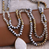 Long Beaded Wrap Necklace with Stone Drop Pendant-Gray