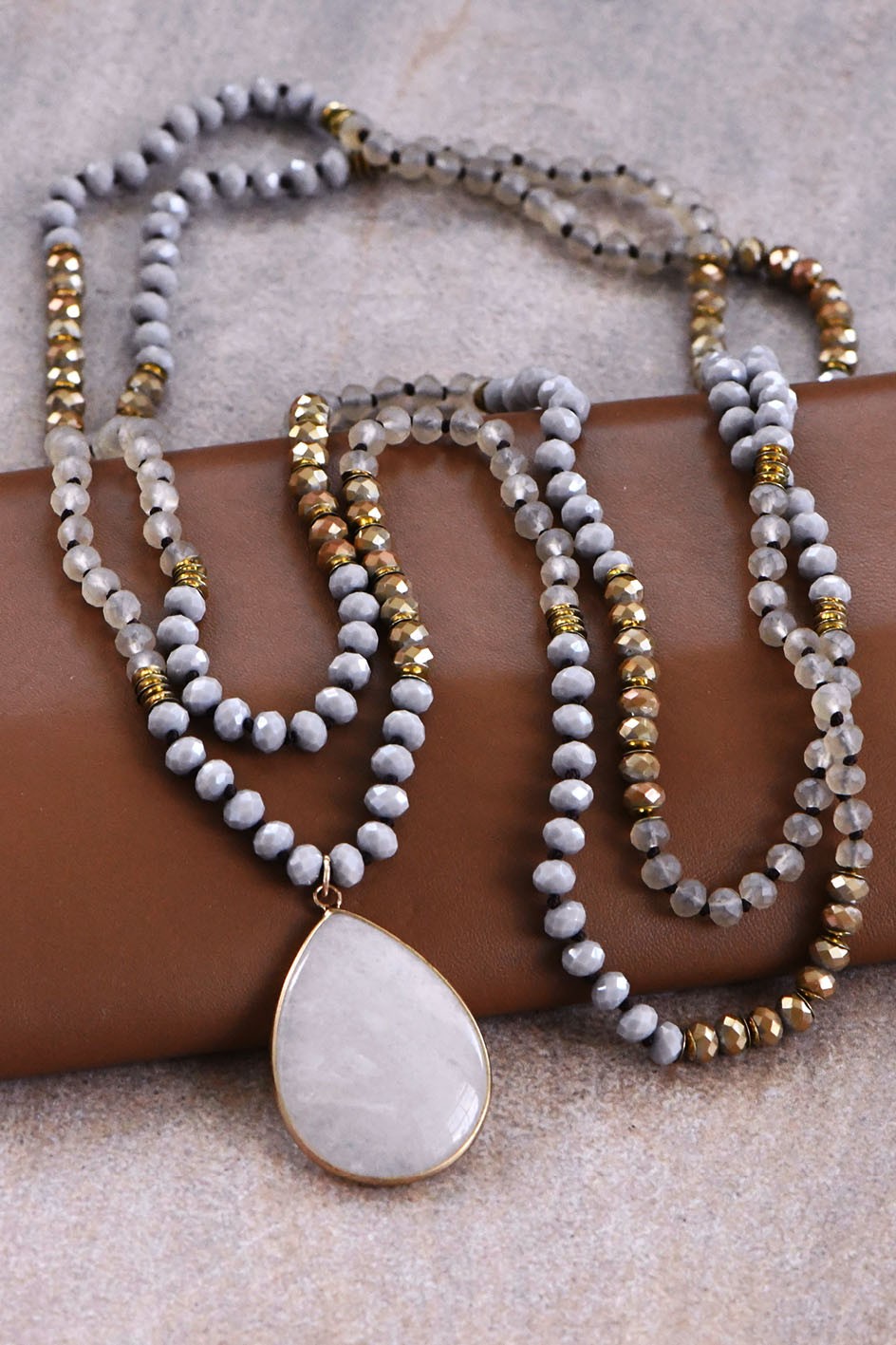 Long Beaded Wrap Necklace with Stone Drop Pendant-Gray