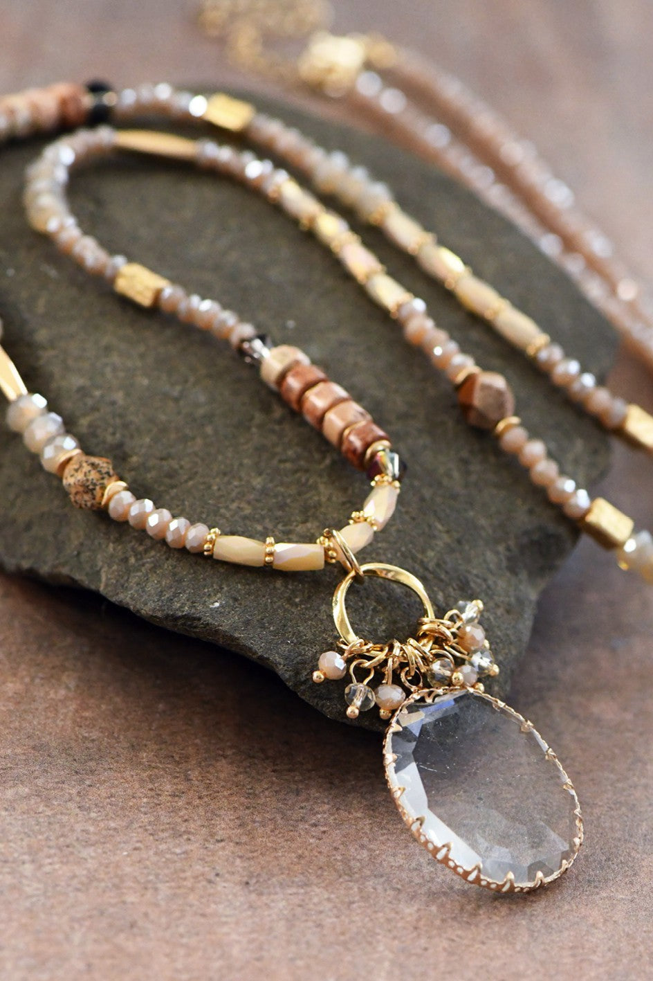 Mixed Stone Bead Necklace with Crystal Pendant