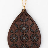 Filigree Wood Teardrop Pendant Necklace in Brown