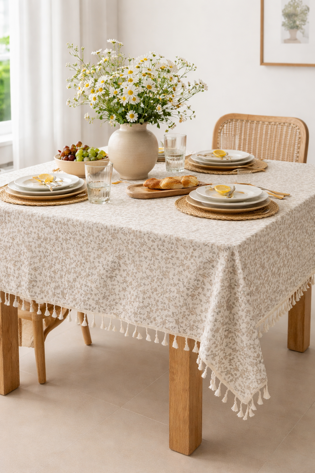 Floral cotton tablecloth with beige and taupe botanical print and ivory tassel fringe