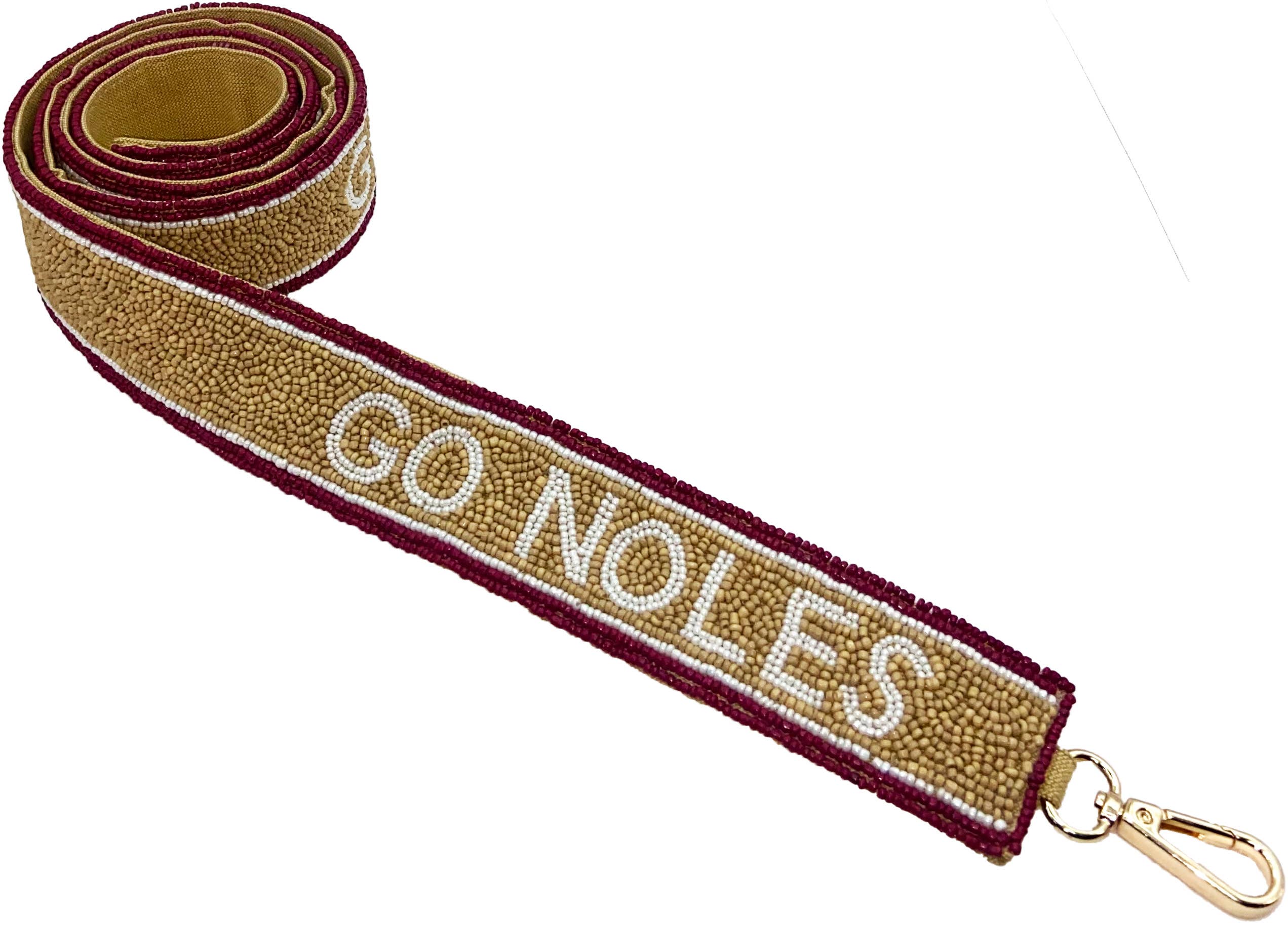 Gold beaded bag strap with garnet edging and white “Go Noles” lettering 