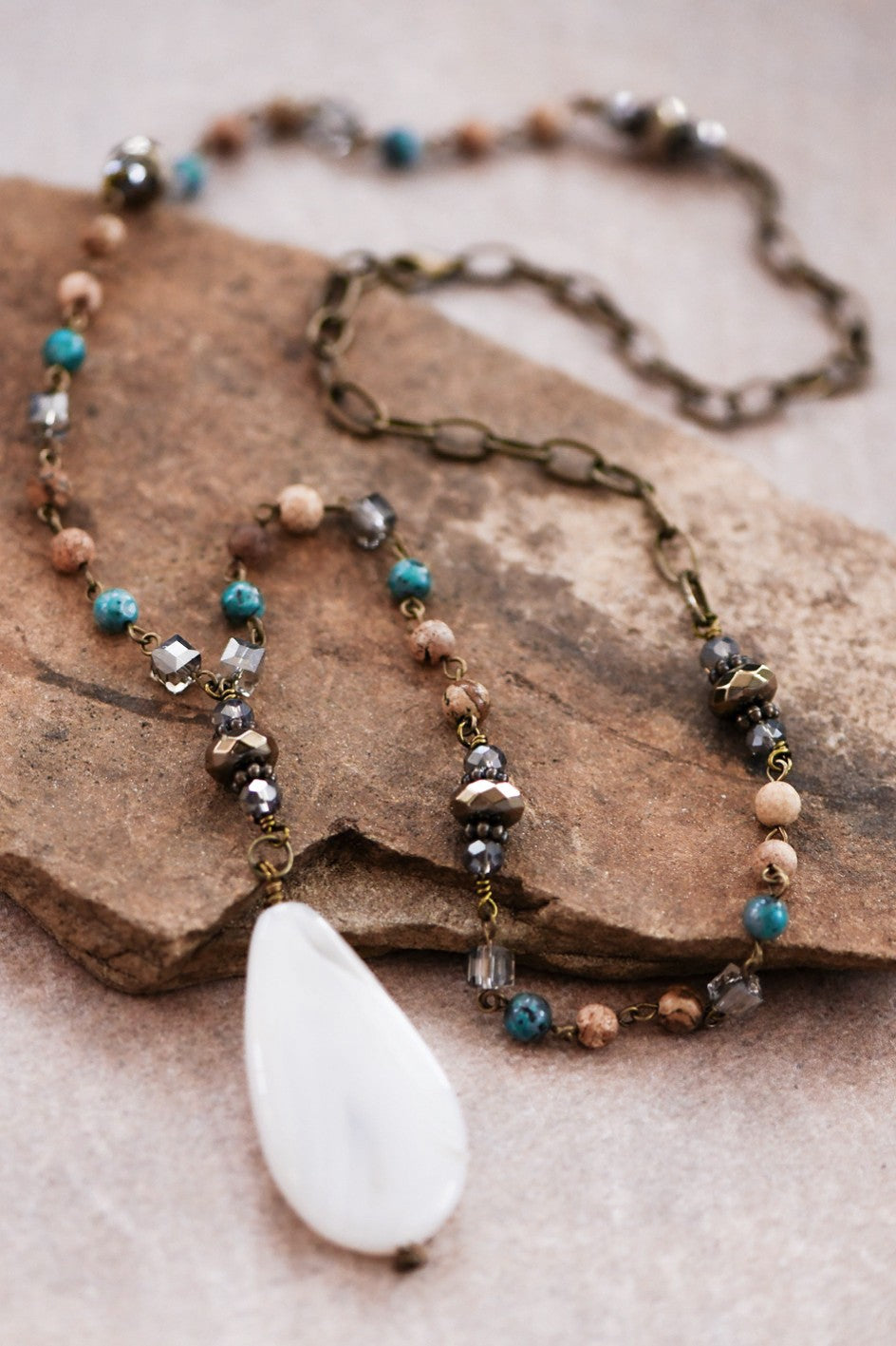 Natural Stone Bead Necklace with Stone Pendant-Green/Brown