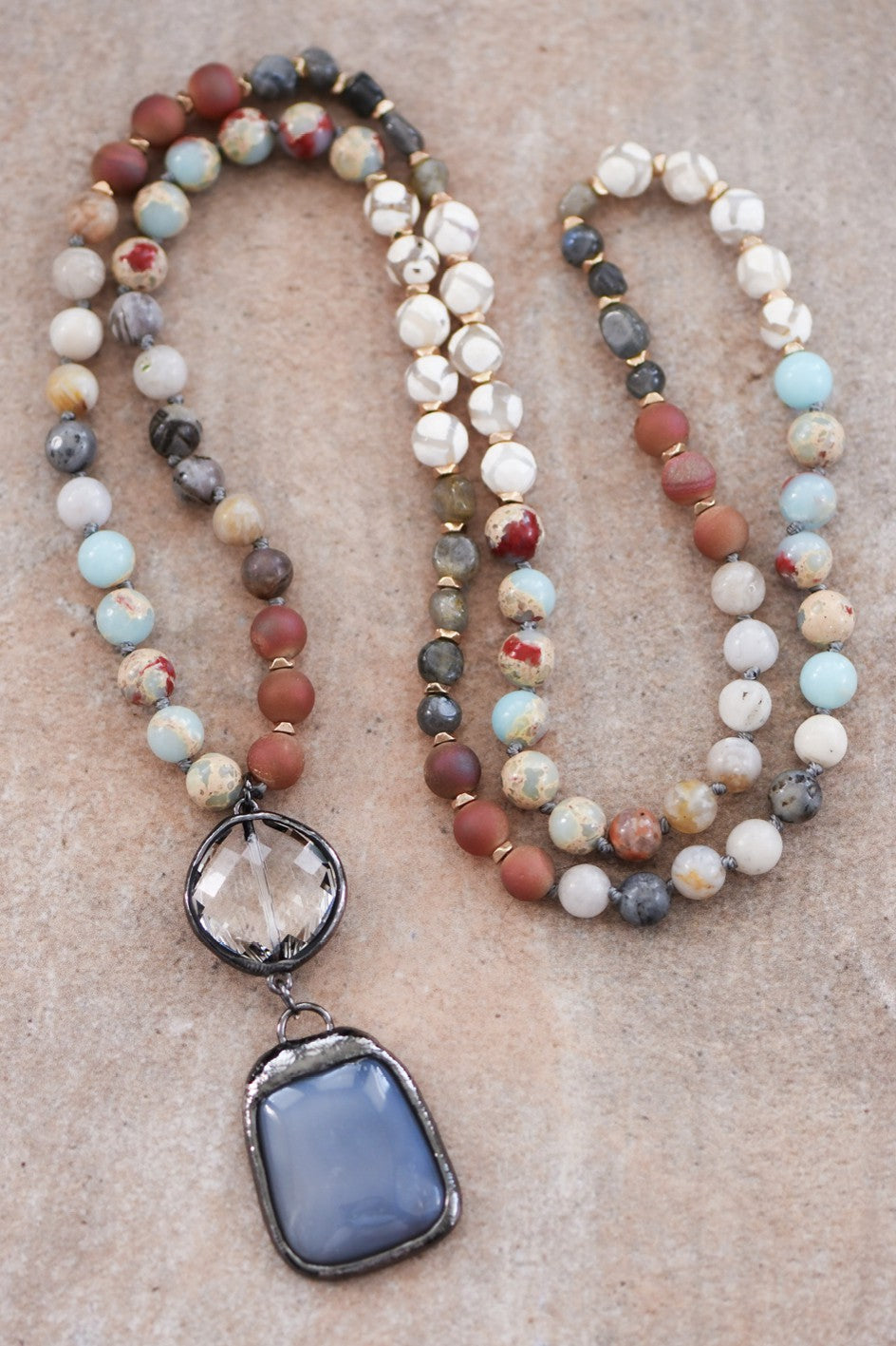 Natural Stone Bead Necklace with Stone Pendant-Brown