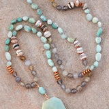 Natural Stone Bead Necklace with Stone Pendant-Mint
