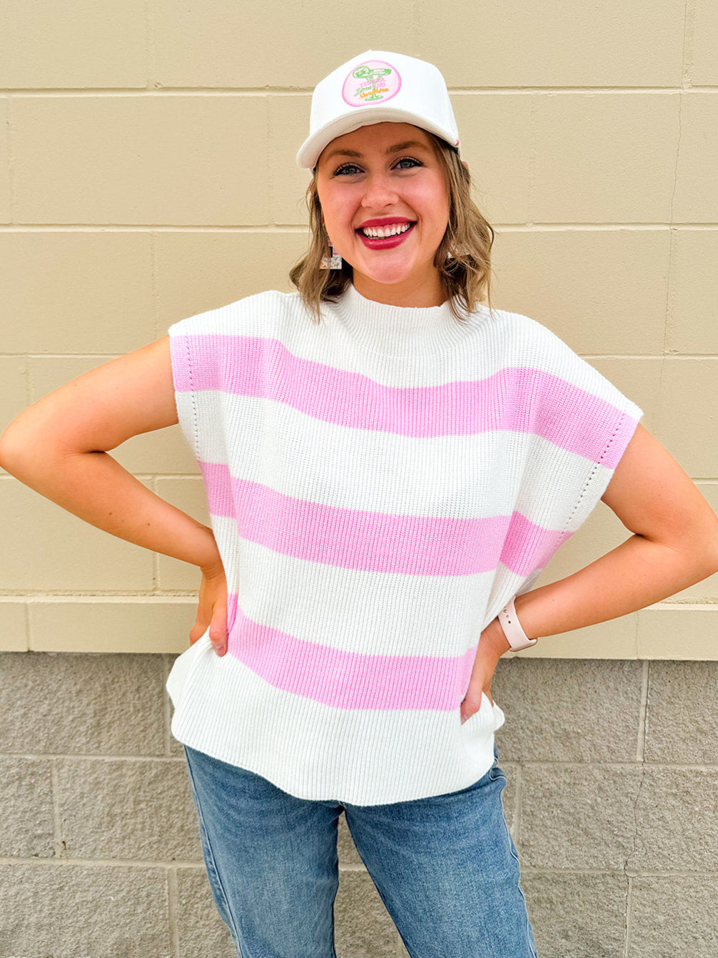 Jet Set Color Blocked Stripe Knit Top featuring pink and off-white stripes, U-neckline, and slay sleeves in a lightweight knit.
