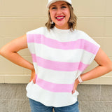 Jet Set Color Blocked Stripe Knit Top featuring pink and off-white stripes, U-neckline, and slay sleeves in a lightweight knit.