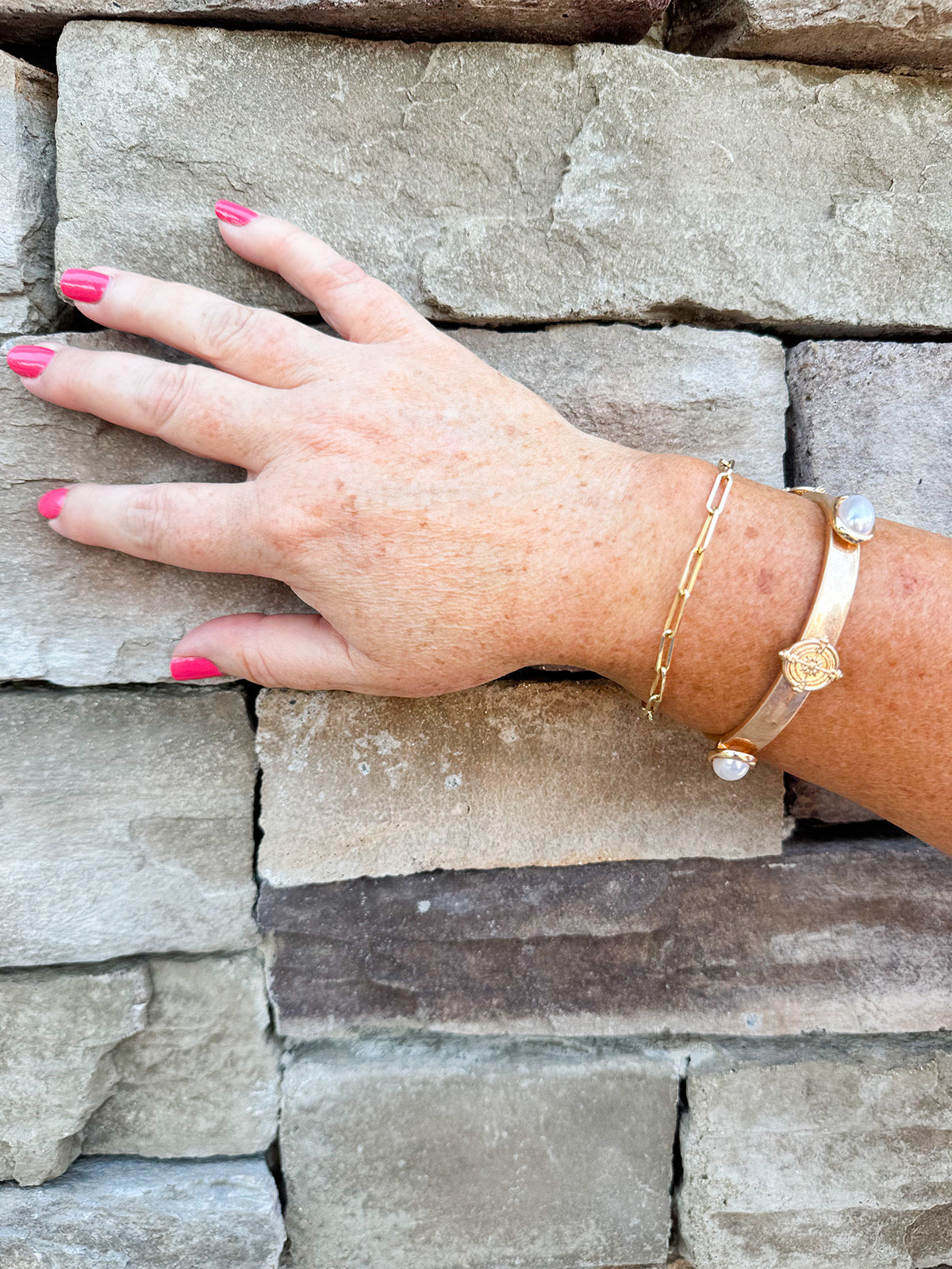 Pearl and Coin Accented Gold Stretch Bracelet